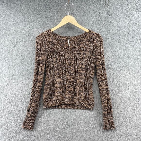Free People Sweater Brown Cable Knit Contrasting browns scoop neck boho small - Picture 3 of 13